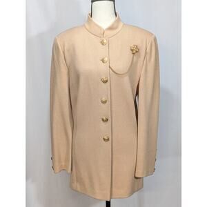 St John‎ Camel Knit Jacket Size 12 Gold Buttons Brooch Made USA